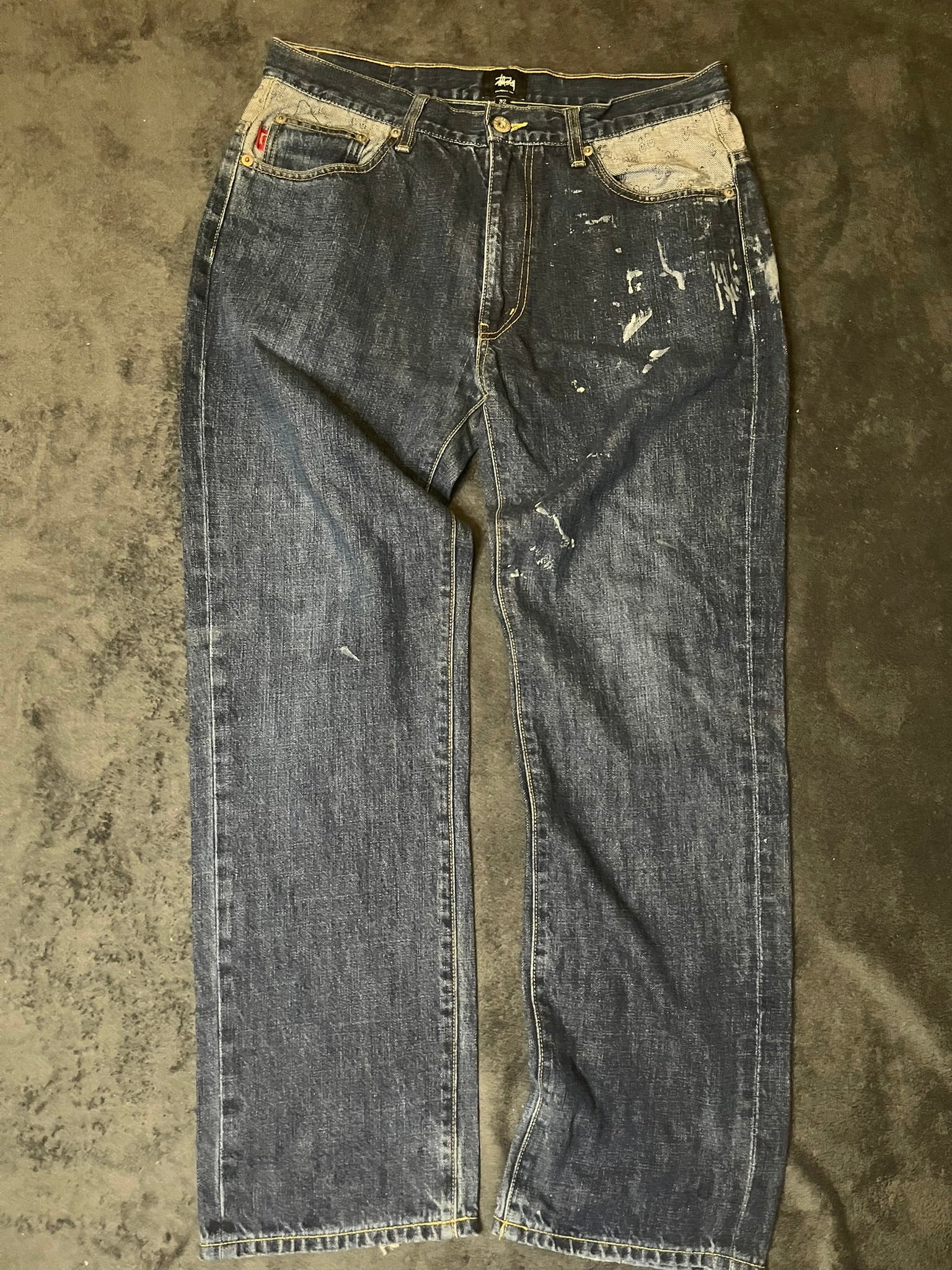 stussy-baggy-jeans-sashiko-patchwork-custom-paint-splatters-rough-and-rugged