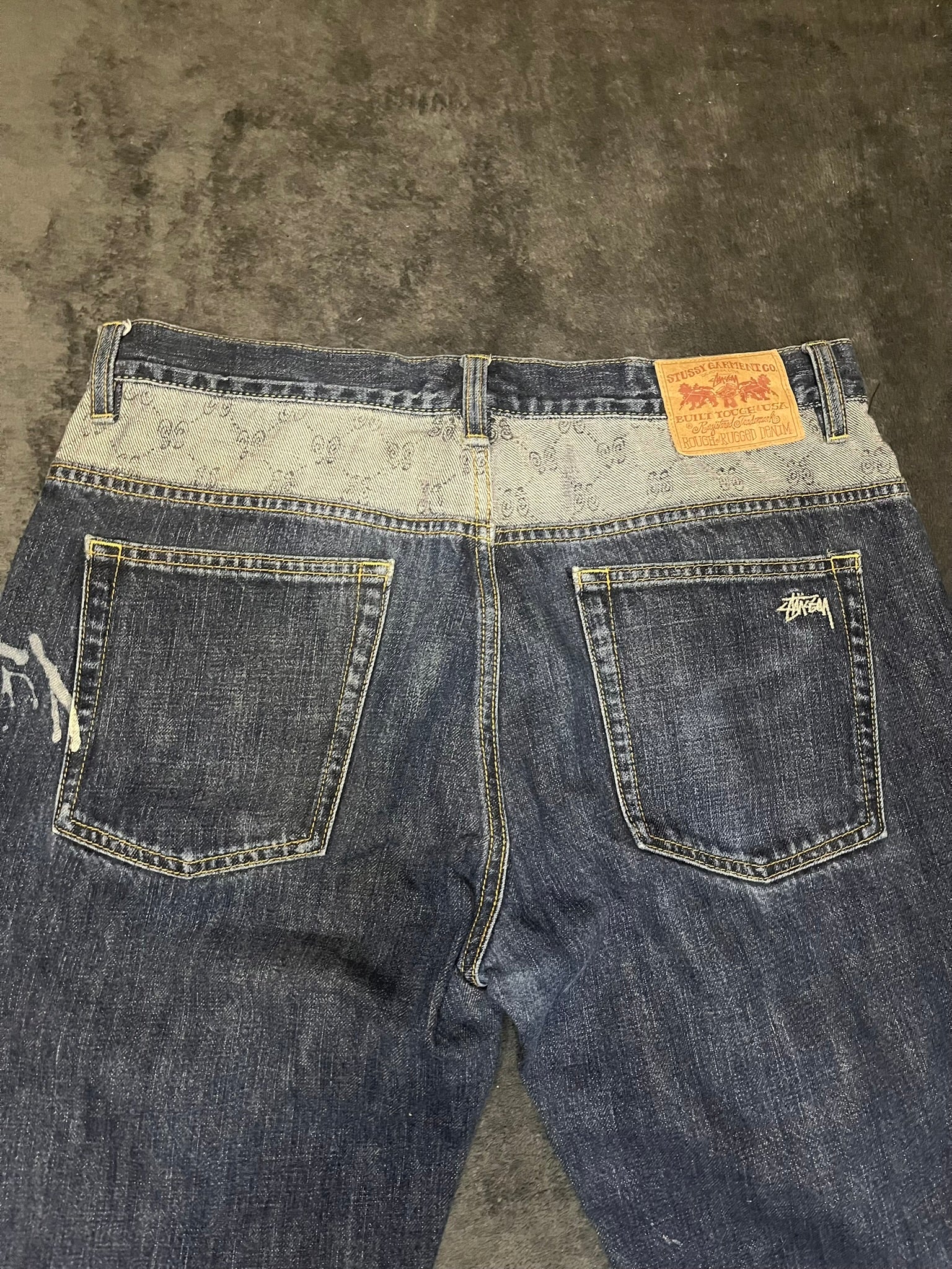 stussy-baggy-jeans-sashiko-patchwork-custom-paint-splatters-rough-and-rugged